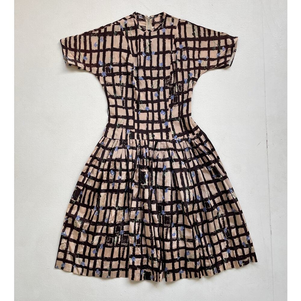 Vtg 50s 60s Novelty Floral Patterned Pleated Midi Dress / Sz 9 Mod Pin Up Retro